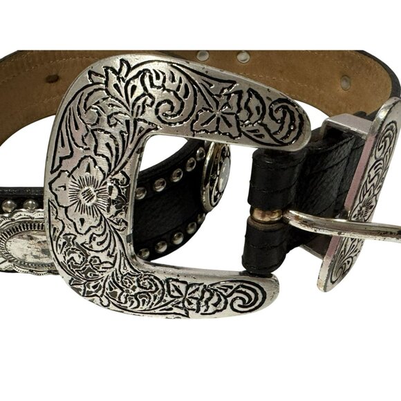 STREETS AHEAD Black Italian Leather Belt Oversized Floral Buckle Western Boho Sm - Picture 8 of 8